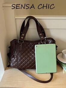 Classic Quilted Embossed Decor Durable Multi-Compartment Zipper Closure Relaxed Vintage Tote Bag, Professional Outdoor Travel Bag, Handheld Shoulder Crossbody Bag, Elegant Texture Women's Bag - Coffee - View 3
