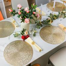 4/6/8/12pcs 15-Inch Gold Round Placemats (Linen Polyester Material), Fireworks Pattern, Washable, Suitable For Dining, Events, Parties, Weddings, Bridal Showers, Daily Home Use, Easy To Clean, Wipeable, Non-Slip, Stain-Resistant, Heat-Resistant Table Mats, Suitable For Wedding Party Decoration, Home Tableware Decoration - Gold - View 5