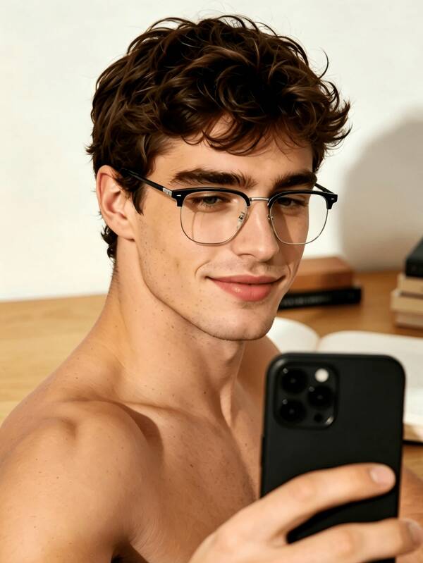 1pc Men's Square Half-Frame Glasses, Transparent Lenses, Stud Decoration, Suitable For Daily Casual, Gatherings, Parties And Street Style Versatile Fashion Item