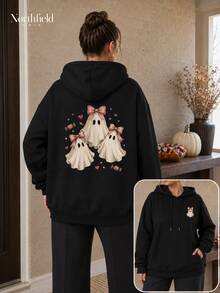 Women's Cute Ghost Pattern Hoodie,With Cute Bow,Suitable For Halloween,Autumn Outing,Party And Everyday Wear. - 黑色 - 查看 2