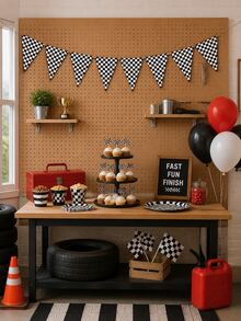 1Set Race Car Happy Birthday Banner With Checkered Pennant Flags, Racing Helmet Traffic Light Trophy Wheel Pattern Paper Garland, Black White Checkered Racing Themed Hanging Decor For Birthday Party Indoor Outdoor Wall Photo Booth Supplies - View 4