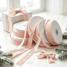 Cinta de Navidad con efecto aterciopelado para envolver regalos, manualidades, decoraciones de árbol de Navidad, decoraciones de coronas, lazos de cinta de satén aterciopelada de 3/8 de pulgada x 10 yardas (múltiples tamaños disponibles) con carrete de papel para fácil almacenamiento - Champán - Ver 6