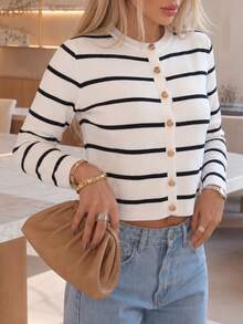 Women's Striped Gold Button Cardigan Sweater, White Long Sleeve, Medium Stretch, Regular Fit, Autumn/Winter - Black and White - View 3