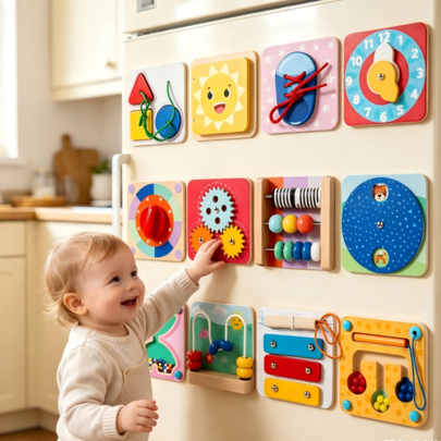 1 Set Wooden Busy Board Fridge Magnet, Montessori Early Education Toy, Shape Clock Lacing Educational Hands-On Teaching Aid For Toddlers