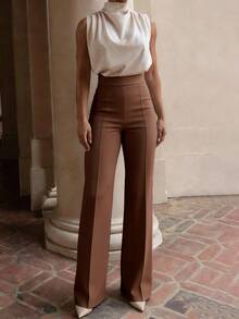 Women's Fashion Slim High Waist Flare Leg Pants, Multiple Colors Available - Coffee Brown - View 1