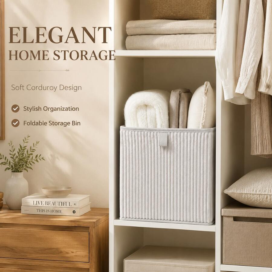 Foldable Corduroy Fabric Storage Cube Bin, White Ribbed Organizer Basket With Handle, Soft Closet Storage Box For Bedroom, Nursery, Shelf, Living Room Home Organization - White - View 1
