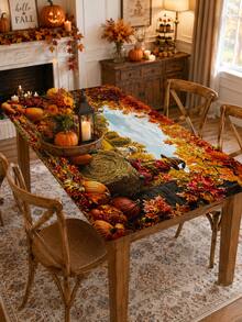1pc Autumn Harvest Pastoral Halloween Decor Elastic Tablecloth, Rectangular Fitted Dining Table Cover, Suitable For Family Gatherings, Autumn Parties, Kitchen Dining Room And Thanksgiving Decoration - Multicolor - View 5