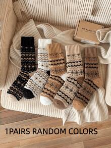 1/5 Pairs Fer Island Warm Mid-Calf Ring Buckle Socks, Thickened Socks, Vintage Couple Style - Multicolor - View 9