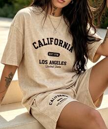Loose-Fit Print 2pcs Set,Vintage Style T-Shirt+Matching Shorts Set,Y2K Streetwear Women's Clothing-Vacation Outfits Women's Washed Two-Piece Set - 杏色 - 查看 2