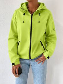 Jaket Olahraga Wanita Warna Hijau Neon, Kardigan Kasual dengan Resleting, Cocok untuk Dipakai di Musim Gugur - Hijau - View 3