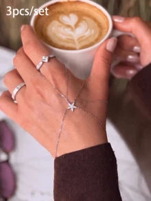 rundraw 3pcs Ring & Finger Bracelet Set, Silver Copper Inlaid CZ Star Element Fashion Bracelet & Ring, Party, Ball, Daily Wear, Gift - Multicolor - View 1
