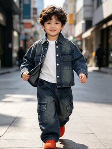 Boys' Loose Fit Denim Jacket & Denim Cargo Pants 2 Pieces Set, Autumn Back To School Outfit For Daily Wear And Outdoor Activities - Blue - View 1
