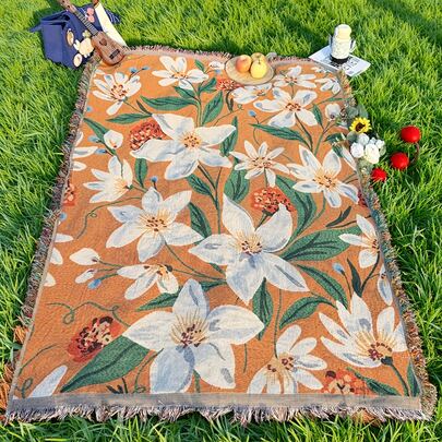 Portable Thickened Outdoor Picnic Blanket With Floral Pattern, Bed Throw, Sofa Cover, Camping Blanket, Beach Towel, Holiday Gift, Yard Garden Tent Mat, Washable Warm Blanket, Outdoor Decor, Tear-Resistant Leisure Blanket, Tablecloth, Wall Hanging, Backdrop For Photography