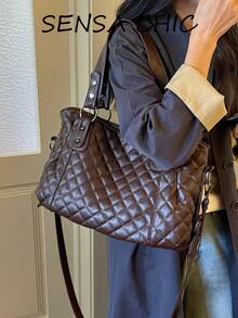 Classic Quilted Embossed Decor Durable Multi-Compartment Zipper Closure Relaxed Vintage Tote Bag, Professional Outdoor Travel Bag, Handheld Shoulder Crossbody Bag, Elegant Texture Women's Bag - Coffee - View 5