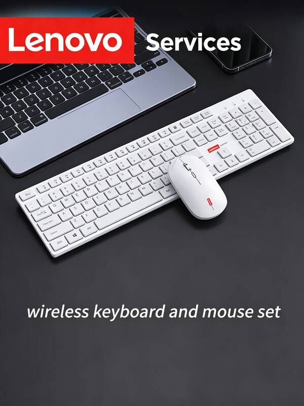 Lenovo مجموعة لوحة مفاتيح وماوس لاسلكية 2.4G من لينوفو، لوحة مفاتيح مكتبية كاملة الحجم ب- 104 مفتاح مع ماوس صامت مريح، مناسبة للابتوب والكمبيوتر المكتبي والمكتب المنزلي