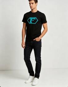 Men's T-Shirt With F Letter Hexagon Print, Teal Geometric Logo, Casual Streetwear Style Graphic Tee, Urban Fashion, Casual Gift Idea For Men - Black - View 1
