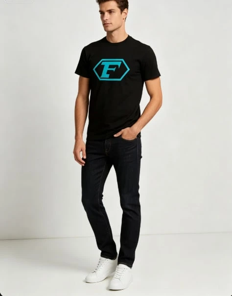 Men's T-Shirt With F Letter Hexagon Print, Teal Geometric Logo, Casual Streetwear Style Graphic Tee, Urban Fashion, Casual Gift Idea For Men - Black - View 1