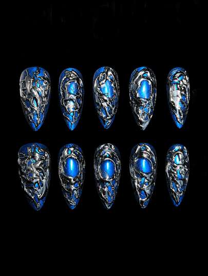 10pcs Blue Vintage Handmade Nail Stickers, Handmade Nails, Vintage Nails, Y2K Style Nails, Wearable Nails, Halloween Nails, Summer Nails, Women's Gift, Suitable For Girls And Ladies To Wear At Parties And Daily