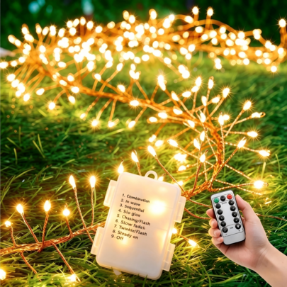 1pc 50/100/200LED Remote Control Silver Wire Firecracker Fairy Lights, 8 Lighting Modes USB&Battery Operated Dimmable Timer String Lights, Warm White IP44 Waterproof Decor Lamp For Yard Wedding Holiday Eid Party Home Ornament