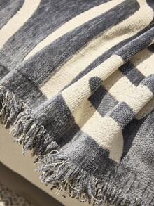 1 PC Minimalist Abstract Curved Line Sofa Throw Cover, Cream Geometric Woven Couch Blanket With Mixed Tassel Fringe, Universal Washable Furniture Slipcover For Modern Living Room - Grey - View 6