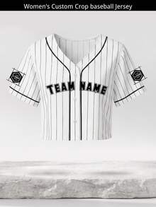 Custom Women White Black Pinstripe Crop Baseball Jersey Personalized Name Number Logo Sporty Gameday Crop Top Button Up Uniform - White - View 3