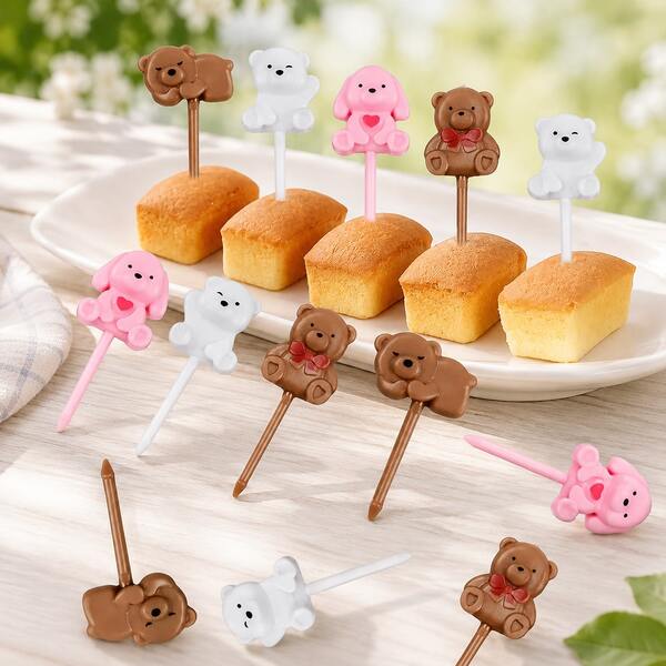 50/30/20/10/1pc Teddy Bear Fruit Forks Cake Picks, Holiday Table Decor, Kitchen Tools, Lunch Box Accessories, Reusable, Suitable For Family Gatherings/Outdoor/Halloween/Birthday Gifts/Back To School