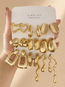 6-18pcs/Set Fashion Creative Heart, Water Drop, Asymmetric Wave, Geometric Polygon Women's Gold Earrings Set, Elegant Versatile, Suitable For Daily Wear - Yellow Gold - View 2