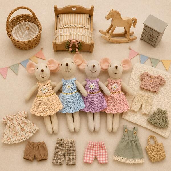 1pc Handmade Daisy Woven Skirt Mouse Plush Doll, Wearable Roleplay Doll, Room Decor, Baby & Kids Holiday Gift
