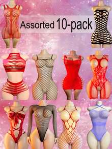 Plus Size Sexy 48 Random 10-Piece Combo Sets, Colors Random, Women's Sexy Multi-Style Sexy Mesh Dresses, Hollow-Out Designs, Open-Crotch Close-Fitting - Multicolor - View 3