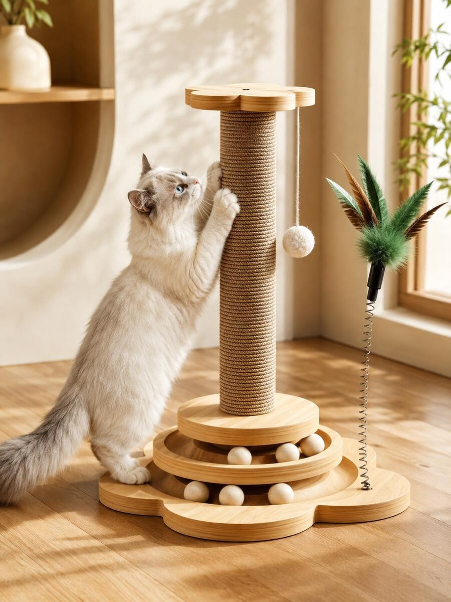 1pc 4-In-1 Natural Sisal Rope Cat Scratching Post With Sturdy Wooden Base, Modern Anti-Tip Cat Activity Center With Interactive Ball Track And Toys, Furniture Protector, Indoor Puzzle Toy For Kittens And Adult Cats
