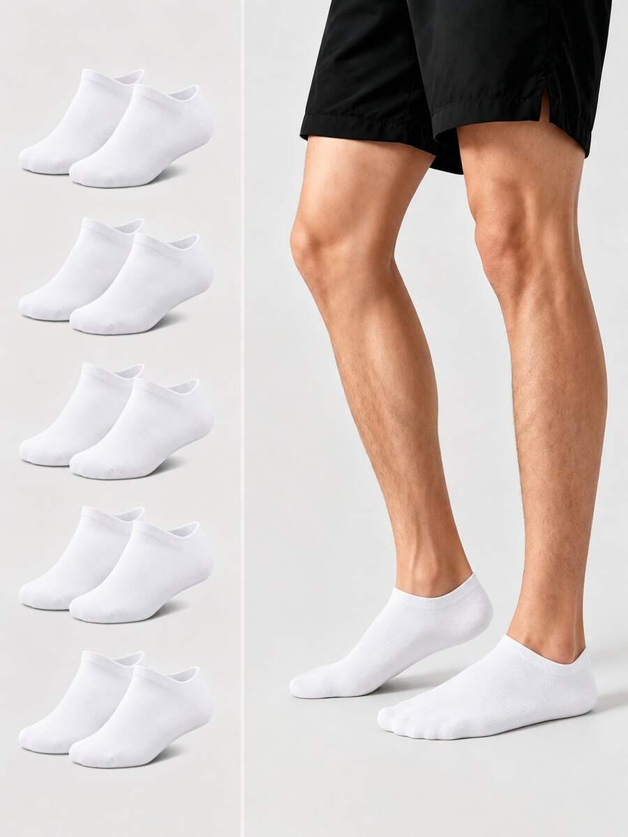 20 Pairs Men's Solid Color No-Show Socks, Moisture-Wicking Breathable Comfortable Invisible Socks, Suitable For Daily Wear And Sports - White - View 1