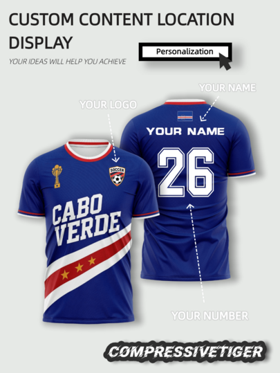 Custom Cape Verde Blue Base Star Stripe Short Sleeve Football Jersey, Blue Red White Color Block Regional Style, Front And Back Open Personalized Customization Area, Freely Modify Name, Number, Independently Add Team Logo, Soft And Comfortable Fabric, Suitable For Football Matches, Training Activities, Daily Wear, 2026 Football Competition