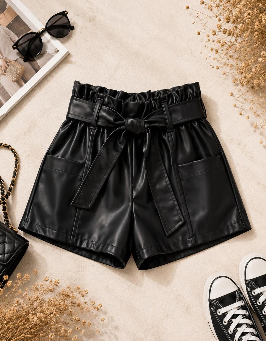 Short Feminino em Couro Fake Sintético PU com Modelagem Solta e Caimento Confortável - Preto - Visão 1