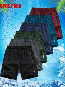 6pcs Men's Black Solid Color Contrast Drawstring Casual Shorts, Made Of Polyester Fabric That Is Wrinkle-Resistant And. Sports Summer - Multicolor - View 1