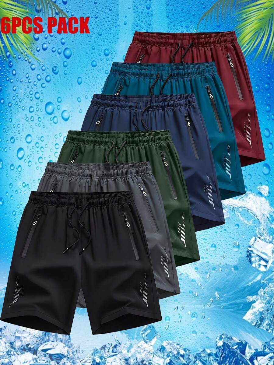 6pcs Men's Black Solid Color Contrast Drawstring Casual Shorts, Made Of Polyester Fabric That Is Wrinkle-Resistant And. Sports Summer - Multicolor - View 1
