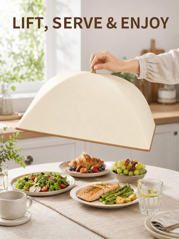 1 pieza Cubierta de comida plegable y aislada, estilo redondo de 80cm o cuadrado de 70x50cm, gran cúpula de comida opaca y colapsable con mango de grano de madera, resistente al polvo, humedad e insectos, cubierta de platos para cocina, mesa de comedor, patio y comidas familiares