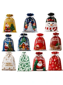 8pcs/1set Holiday Drawstring Gift Bags, Christmas Foil Gift Wrapping Bags, Suitable For Christmas Gifts, Party Favors - View 1