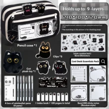 33pcs/226pcs/215pcs Black Cat Stationery Set. Cute Black Cat Pencil Case, Multi-Layer Design With Stickers, Keychain And Brooch. Large Black Cat, Gift Set. - Multicolor - View 14