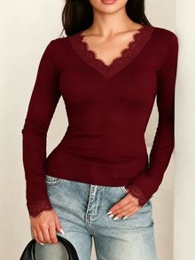 Autumn Gothic Women Clothes Black Tops Casual Fall Outfits Women Black Lace Long Sleeeve Tops Going Out Outfit - Burgundy - View 1