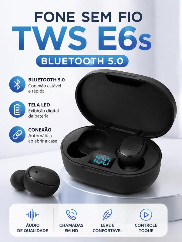 Fone de Ouvido TWS E6s Sem Fio Bluetooth 5.0, Visor LED Digital de Energia