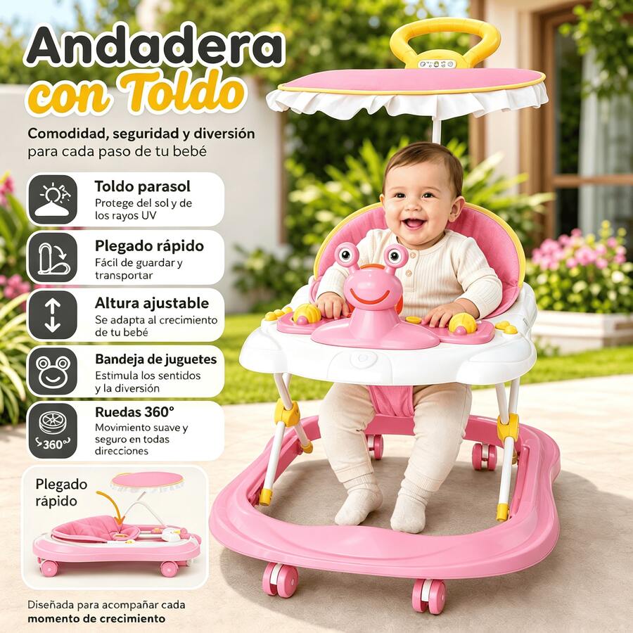 Baby Stroller With Canopy, Convertible High Chair, Adjustable Height - Pink - View 1