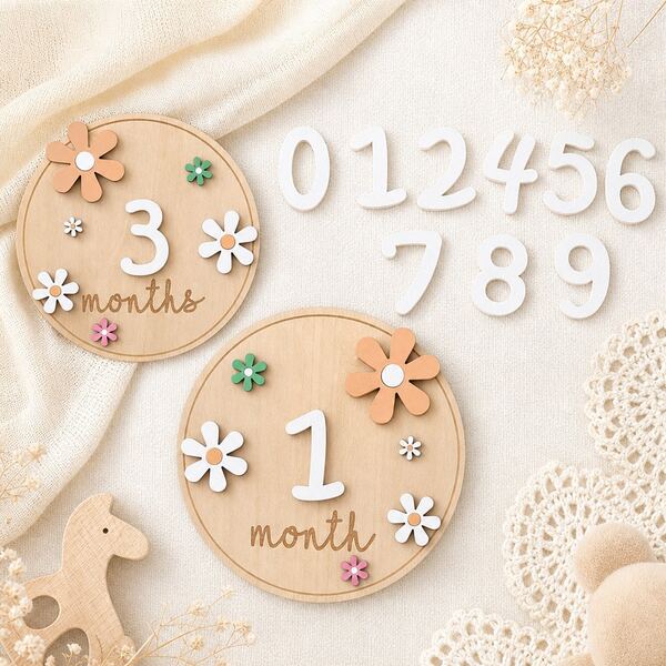Wooden Baby Monthly Growth Milestone Plaque 0-9 Replaceable Numbers Round Photo Prop Flower Decor Newborn Month Record Board Infant Full Month 100 Days Growth Milestone Photography Prop Baby Gift