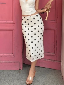 Buzzelle Polka Dot Print Dogtooth Frill Trim Double Layer Mesh Skirt, Fashion Casual Versatile - Apricot - View 2