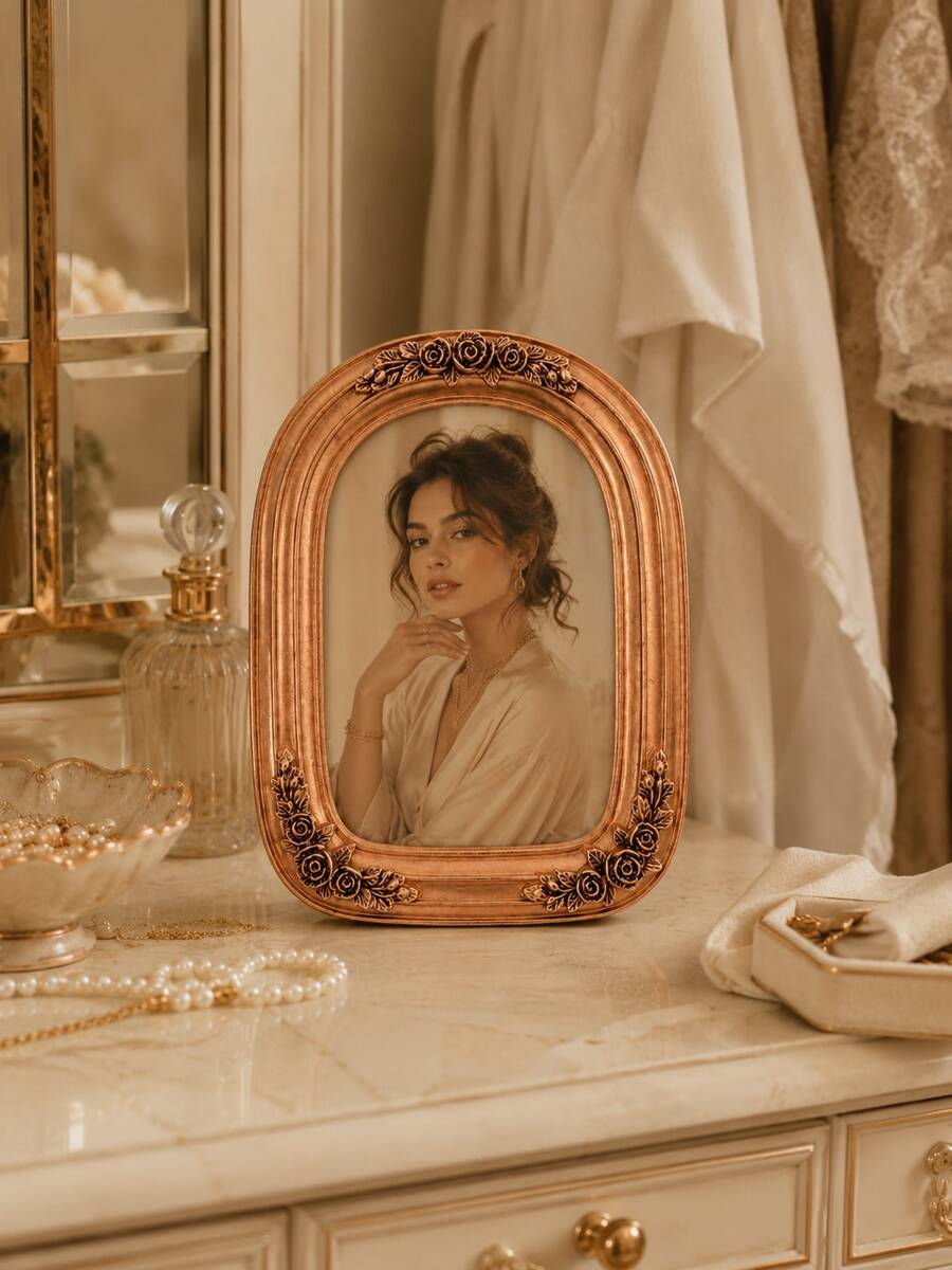 Antique Copper Photo Frame, Single Arched Picture Frame With Rose Floral Details And Distressed Metallic Finish, Decorative Tabletop Frame For Bedroom, Vanity, Living Room And Office - Multiple Styles - View 1