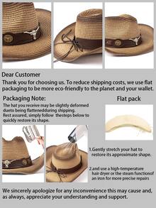 1pc Unisex Leather Belt Metal Decor Gradient Print Western Cowboy Straw Hat, All-Season Fashion Versatile Sun Protection Outdoor Beach Hat, Style - Gem - View 12