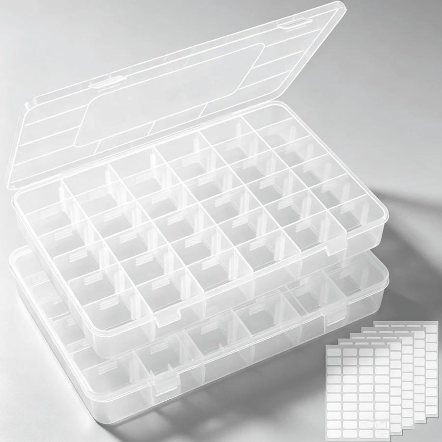Pack Contains 2 Sorting Storage Boxes With 36 Compartments Each. Equipped With Movable Partition Boards And 5 Label Sticker Sheets, Ideal Storage Holder For Beads, Handmade Supplies And Assorted Jewellery Pieces. - 2 Pieces - View 1