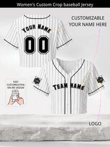 Custom Women White Black Pinstripe Crop Baseball Jersey Personalized Name Number Logo Sporty Gameday Crop Top Button Up Uniform - White - View 2