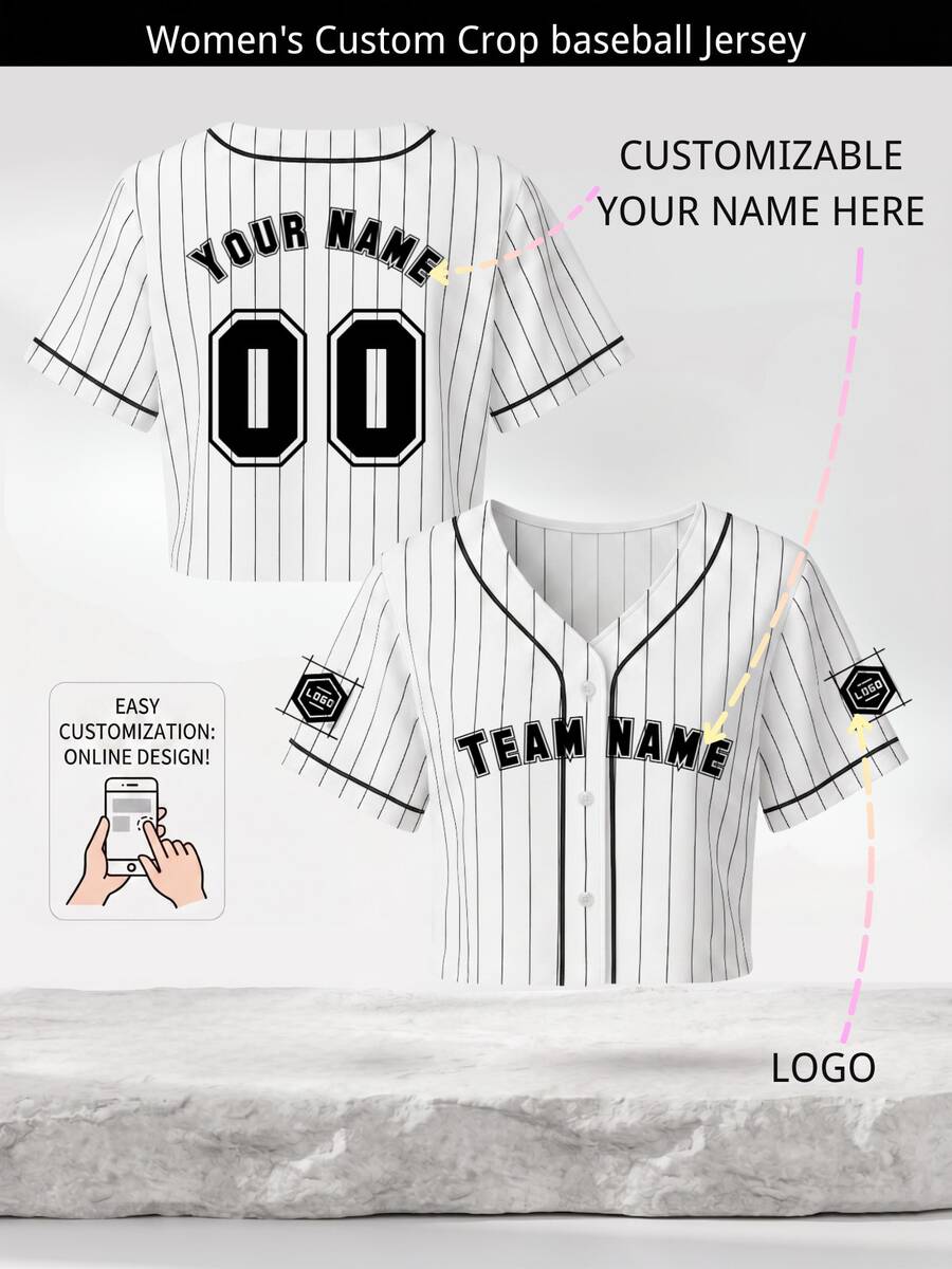 Custom Women White Black Pinstripe Crop Baseball Jersey Personalized Name Number Logo Sporty Gameday Crop Top Button Up Uniform