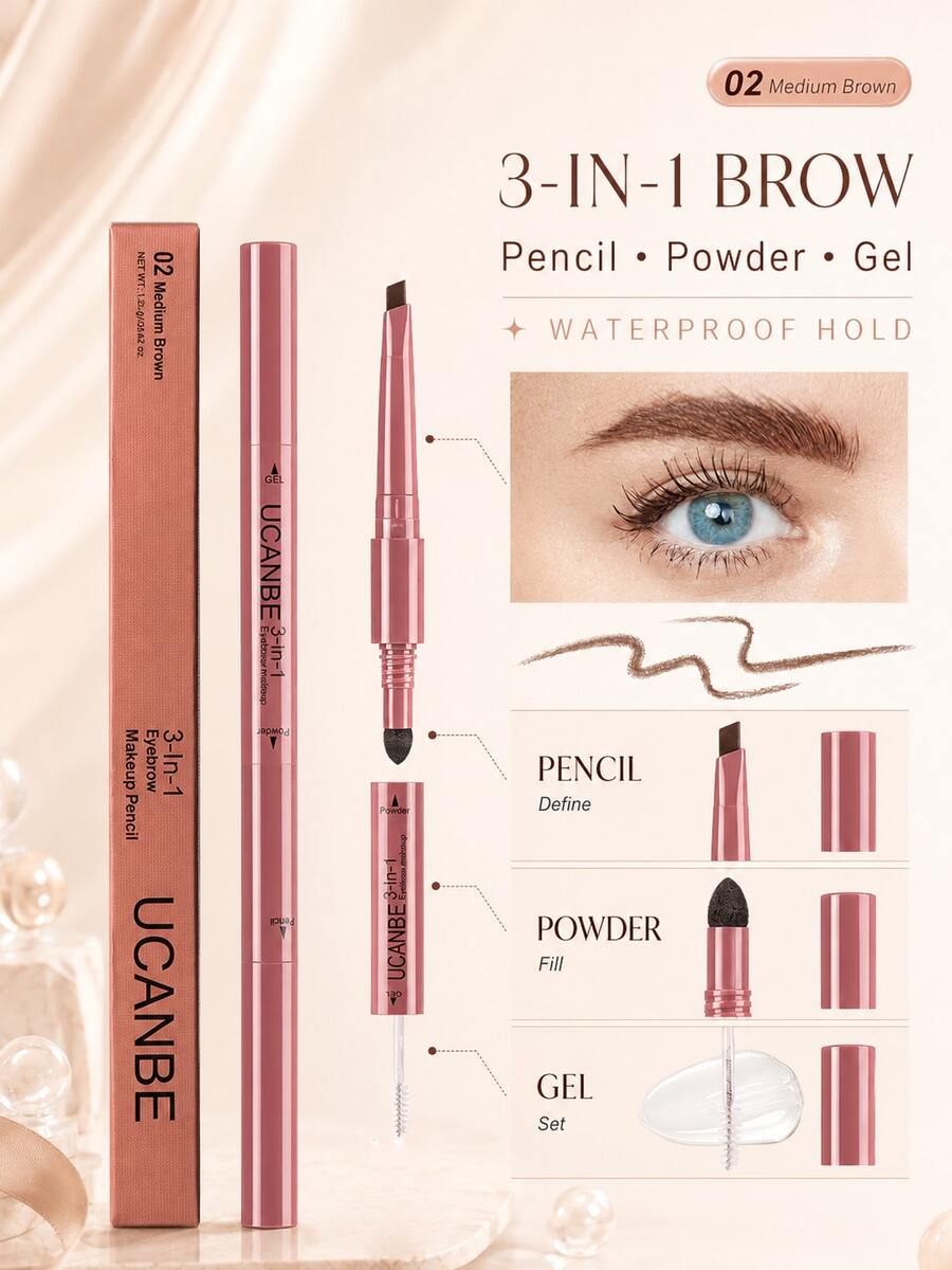 UCANBE 3-In-1 Eyebrow Pencil: Triangle Retractable Eyebrow Pencil, Waterproof Eyebrow Gel And Eyebrow Powder, Create Natural Eyebrow Shape - Medium Brown - View 1