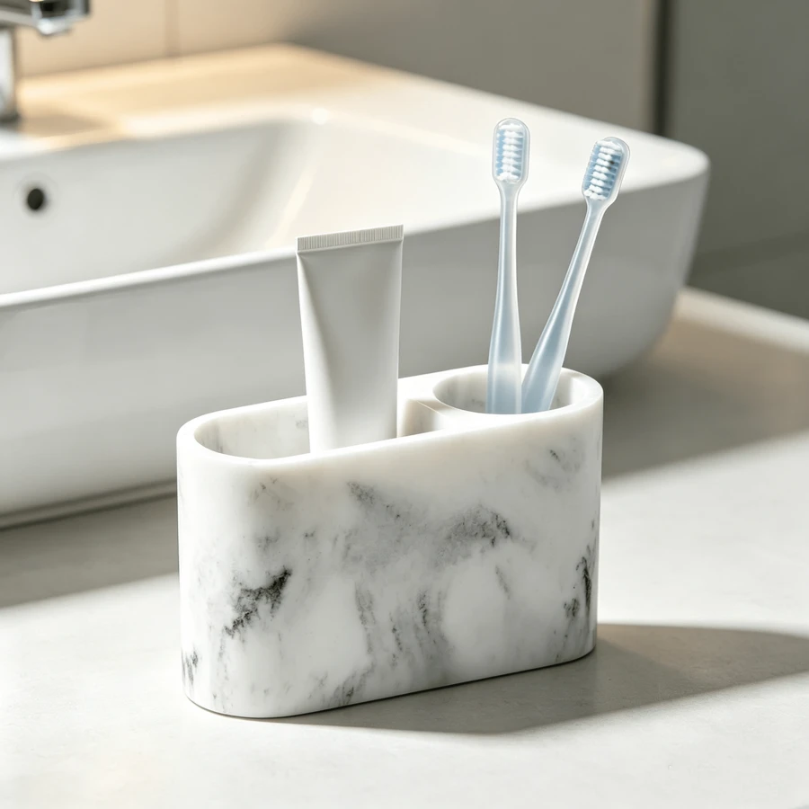 Resin Toothbrush Holder, 2-Compartment Bathroom Accessory, Elegant Storage For Toothbrushes And Toothpaste, Suitable For Bathroom And Guest Toilet Sink - White Marble Pattern - View 1